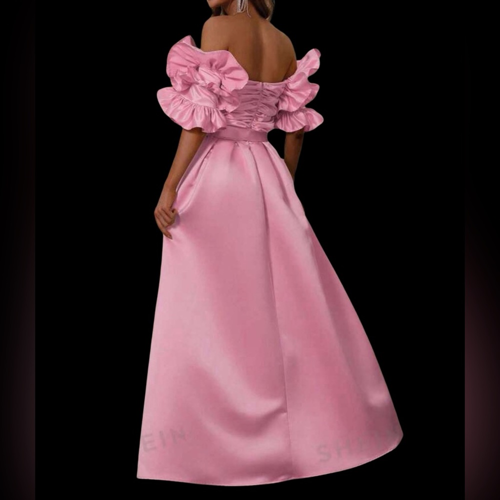Elegant Pink Off-Shoulder Prom Gown with Ruffled Sleeves - Picture 2 of 4